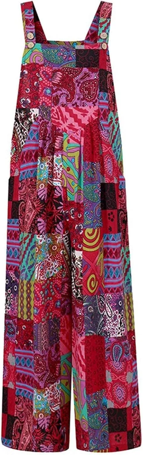 Boho Jumpsuit for Women Cotton Linen Overalls 2025 Summer Patchwork Print Wide Leg Plus Size Rompers with Pockets