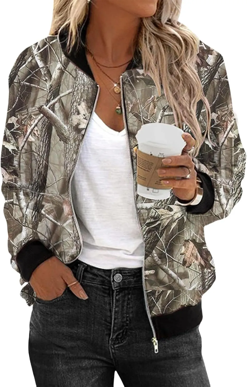 Bomber Jacket for Women 2024 Casual Color Block Long Sleeve Jackets Zip Up Windbreaker Fall Lightweight Coat