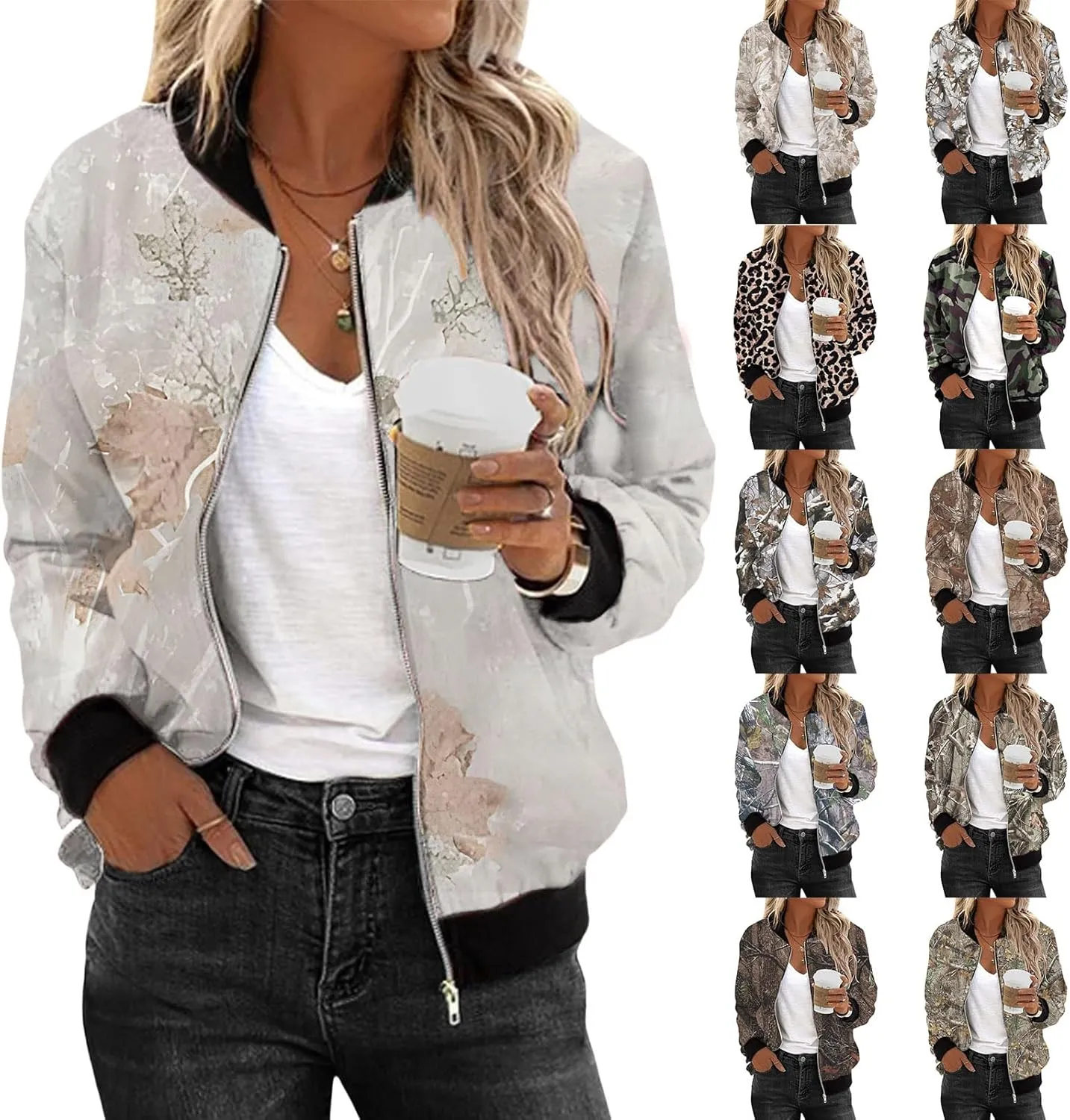 Bomber Jacket for Women 2024 Casual Color Block Long Sleeve Jackets Zip Up Windbreaker Fall Lightweight Coat