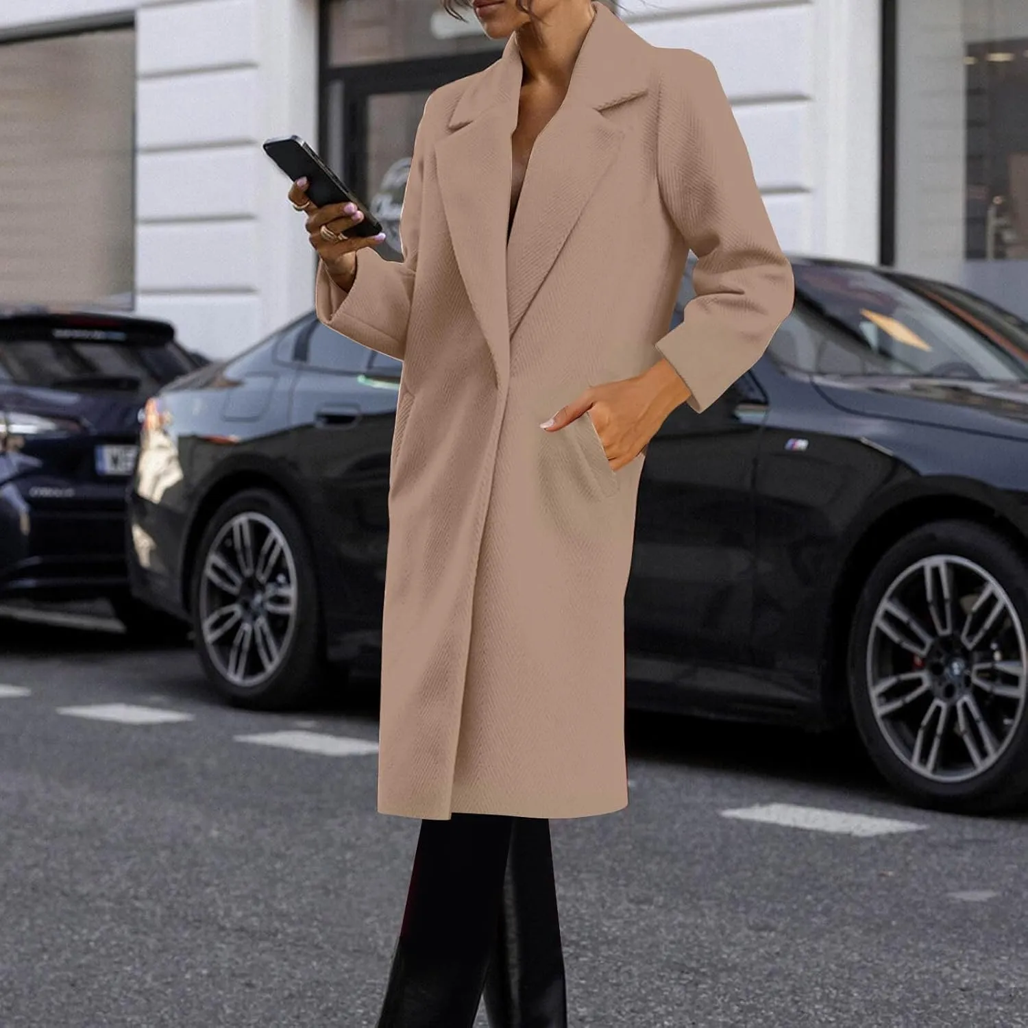 Borniu Women Wool Blend Overcoat Notch Lapel Pea Coats Trench Coats Open Front Cardigan Jacket Fall Winter Clothes