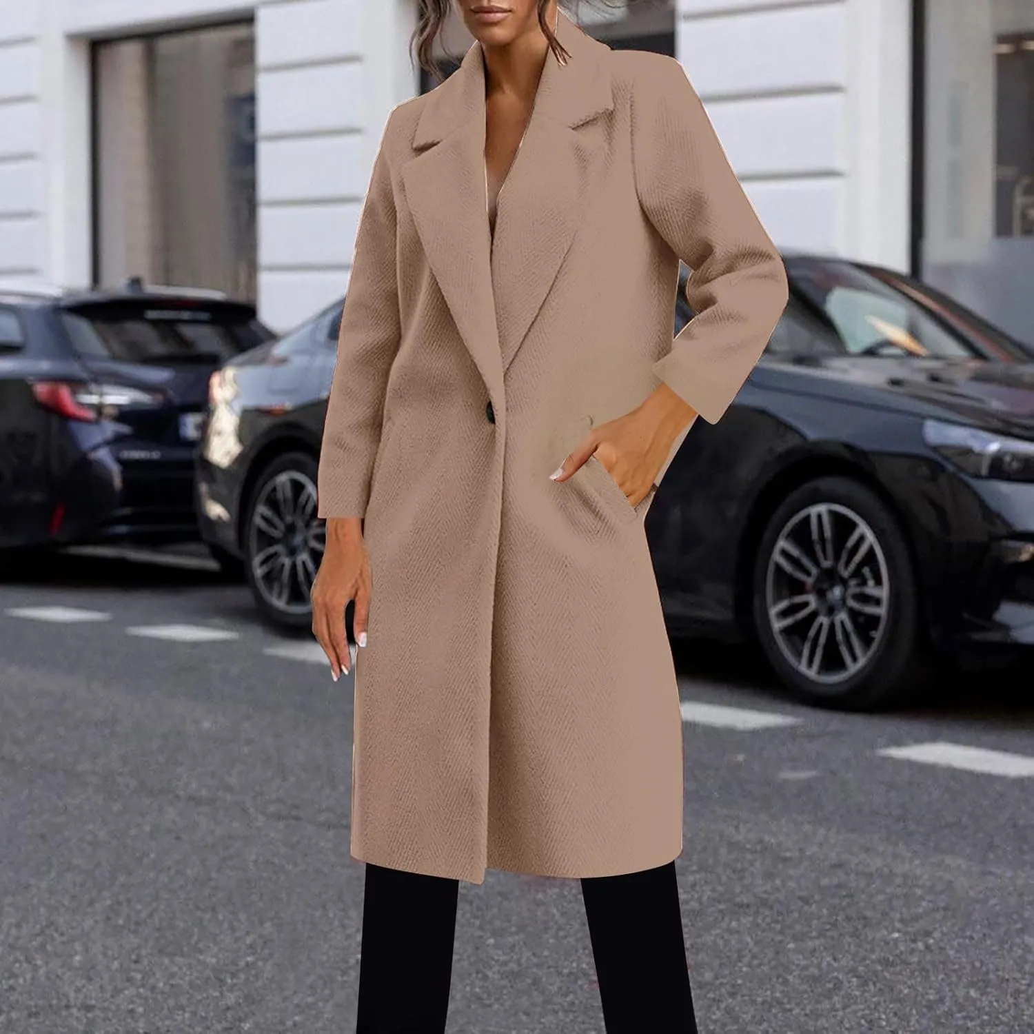 Borniu Women Wool Blend Overcoat Notch Lapel Pea Coats Trench Coats Open Front Cardigan Jacket Fall Winter Clothes