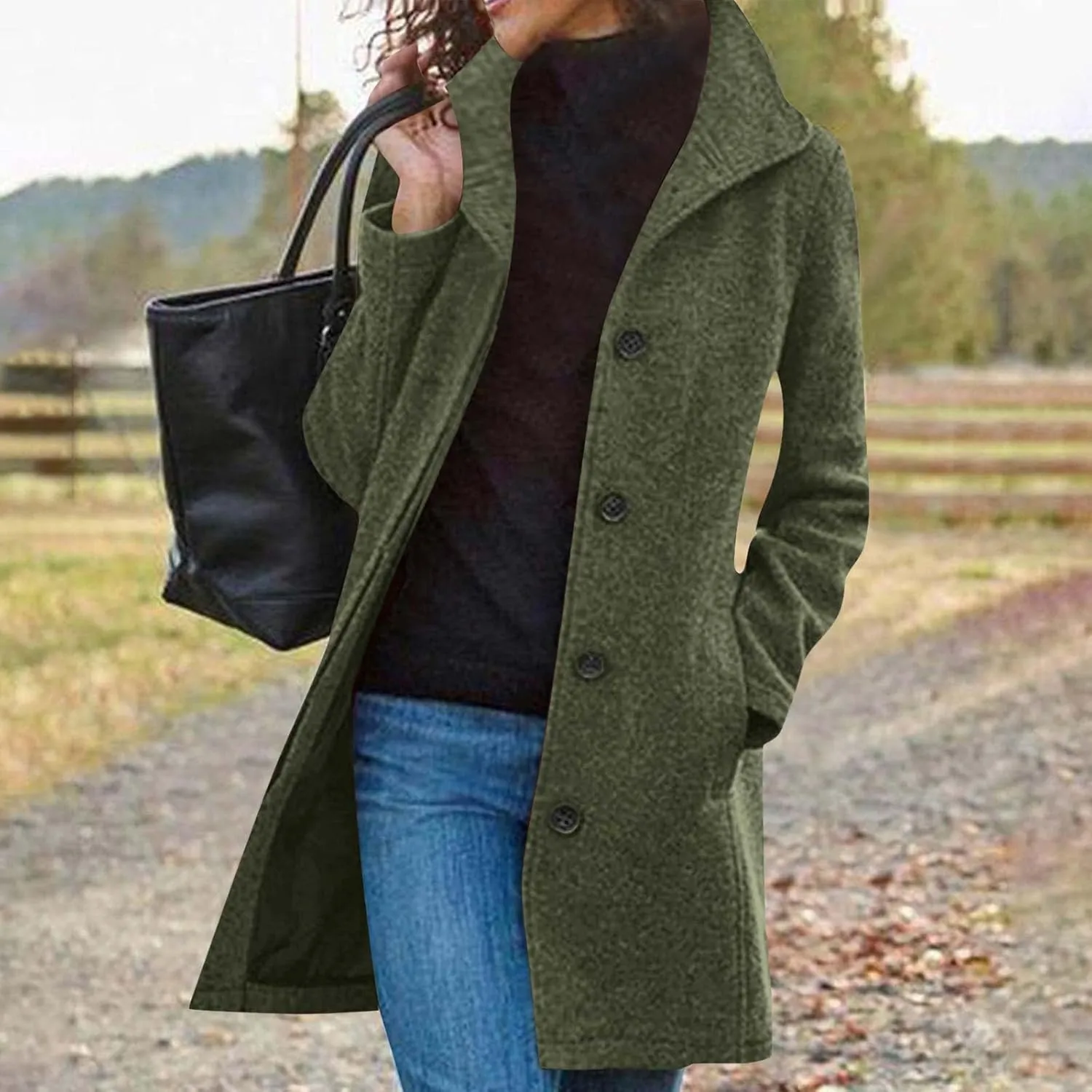 Borniu Women's Casual Thicken Wool Blend Stand Collar Single Breasted Pea Coat Winter Dress Coat with Pockets