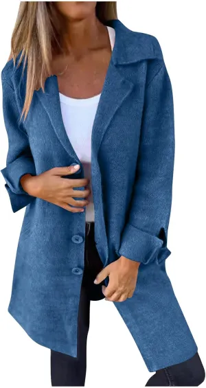 Borniu Womens Long Wool Blend Pea Coat Single Breasted Trench Coat Notch Lapel Open Front Cardigan Jacket Fall Winter Clothes