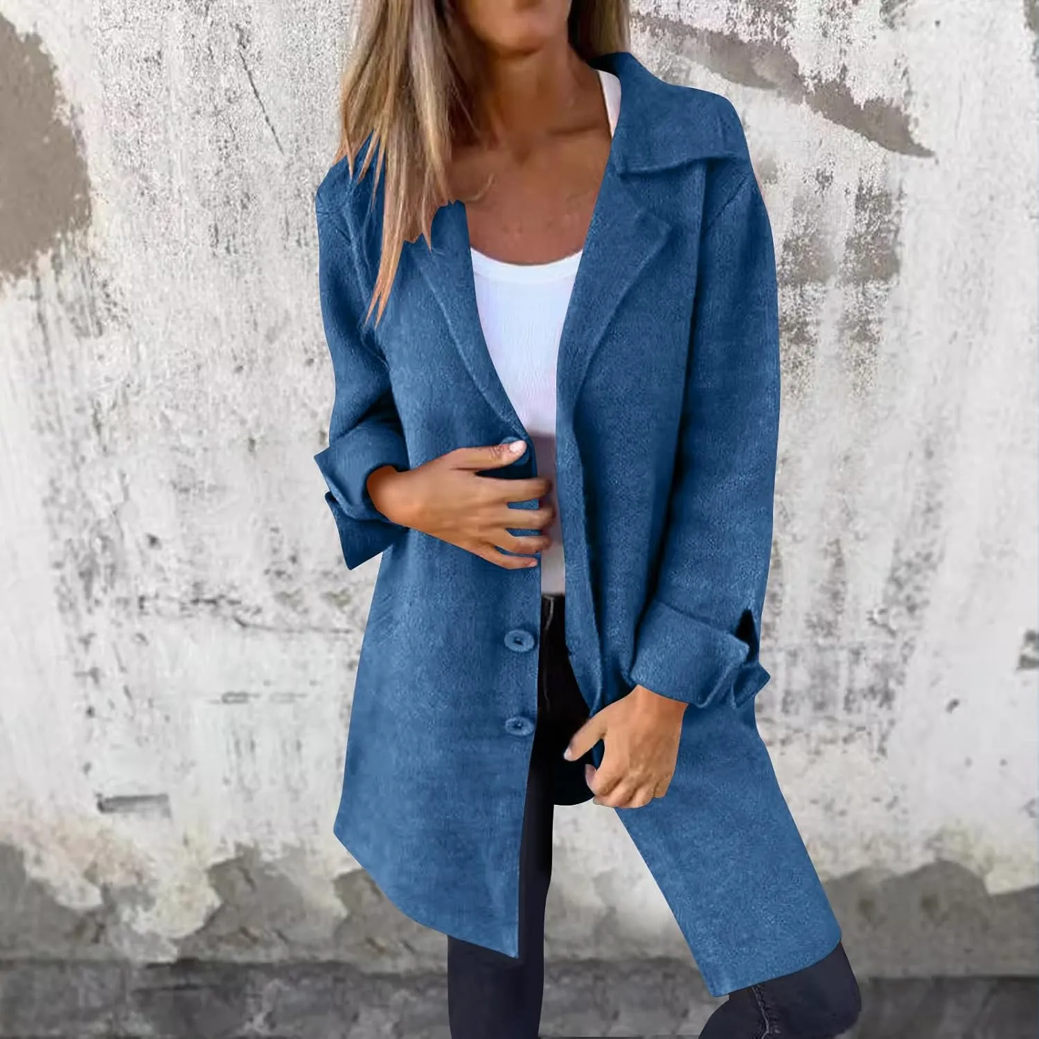 Borniu Womens Long Wool Blend Pea Coat Single Breasted Trench Coat Notch Lapel Open Front Cardigan Jacket Fall Winter Clothes