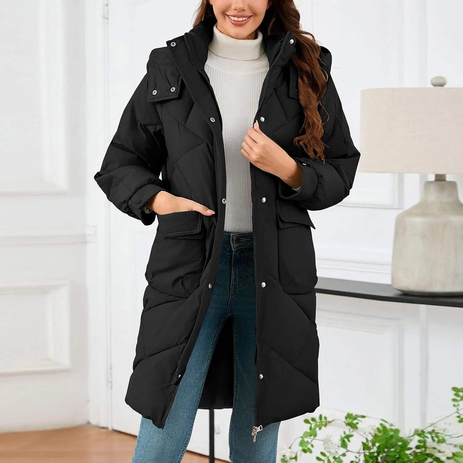 Borniu Women's Winter Long Puffer Coats Hooded Zip Up Casual Thickened Down Jackets Warm Quilted Jacket with Pockets