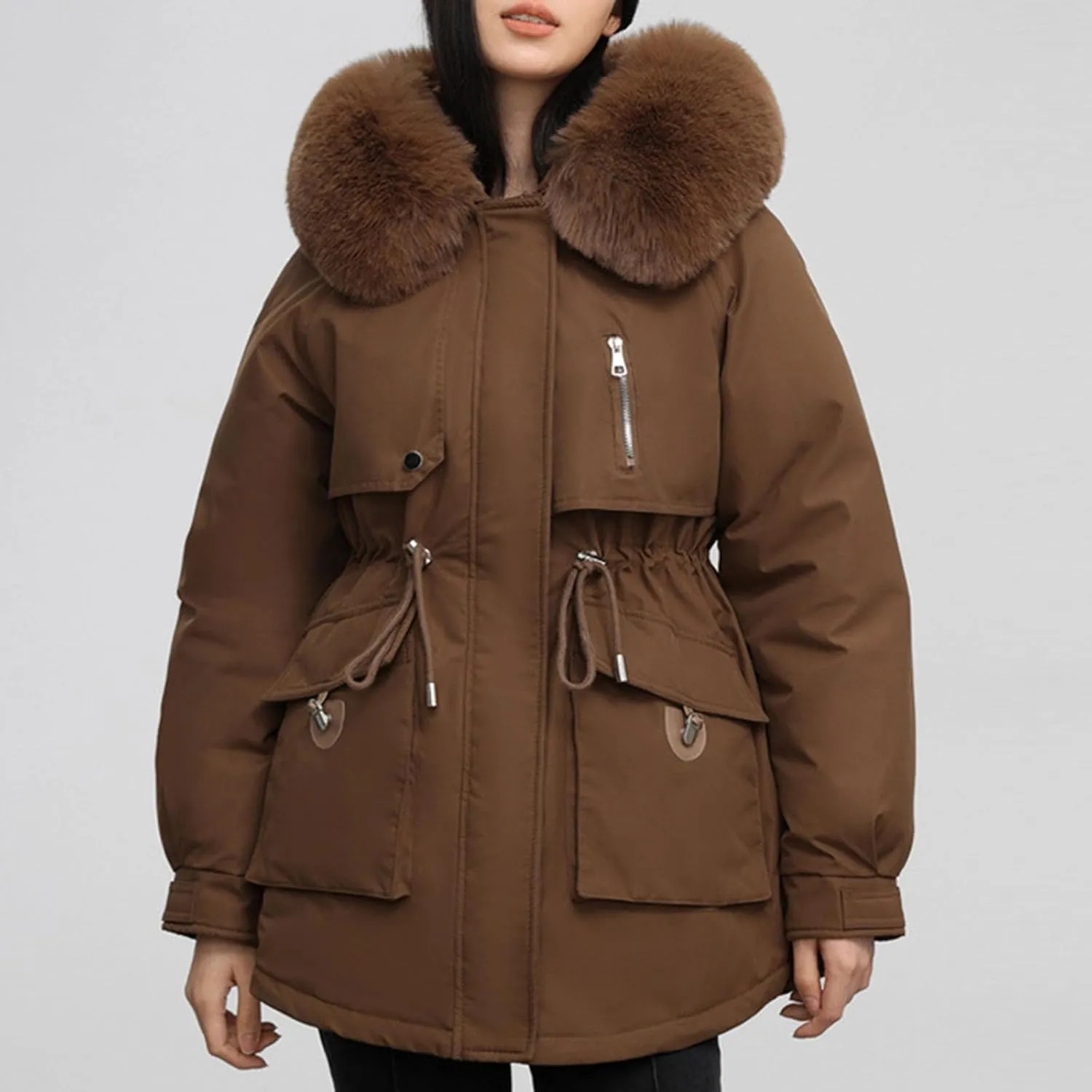 Borniu Women's Winter Puffer Coat Thicken Fleece Lined Down Jacket Faux Fur Hooded Parka Jacket 2024 Fashion Winter Clothes