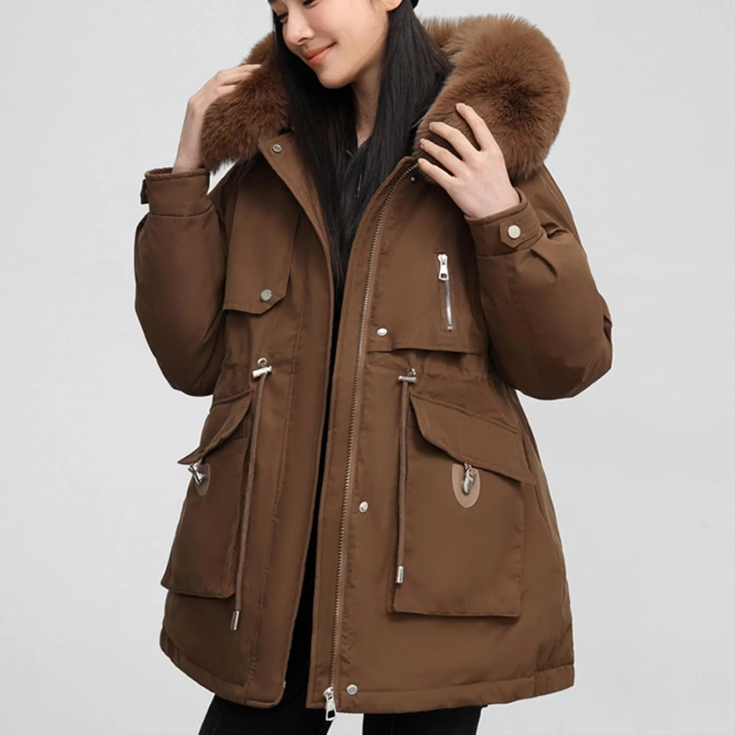 Borniu Women's Winter Puffer Coat Thicken Fleece Lined Down Jacket Faux Fur Hooded Parka Jacket 2024 Fashion Winter Clothes