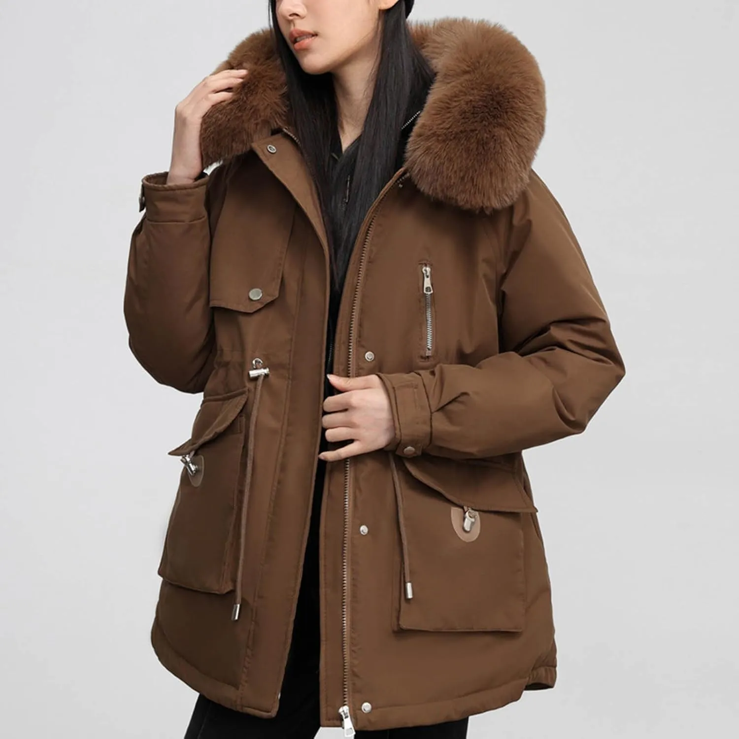 Borniu Women's Winter Puffer Coat Thicken Fleece Lined Down Jacket Faux Fur Hooded Parka Jacket 2024 Fashion Winter Clothes