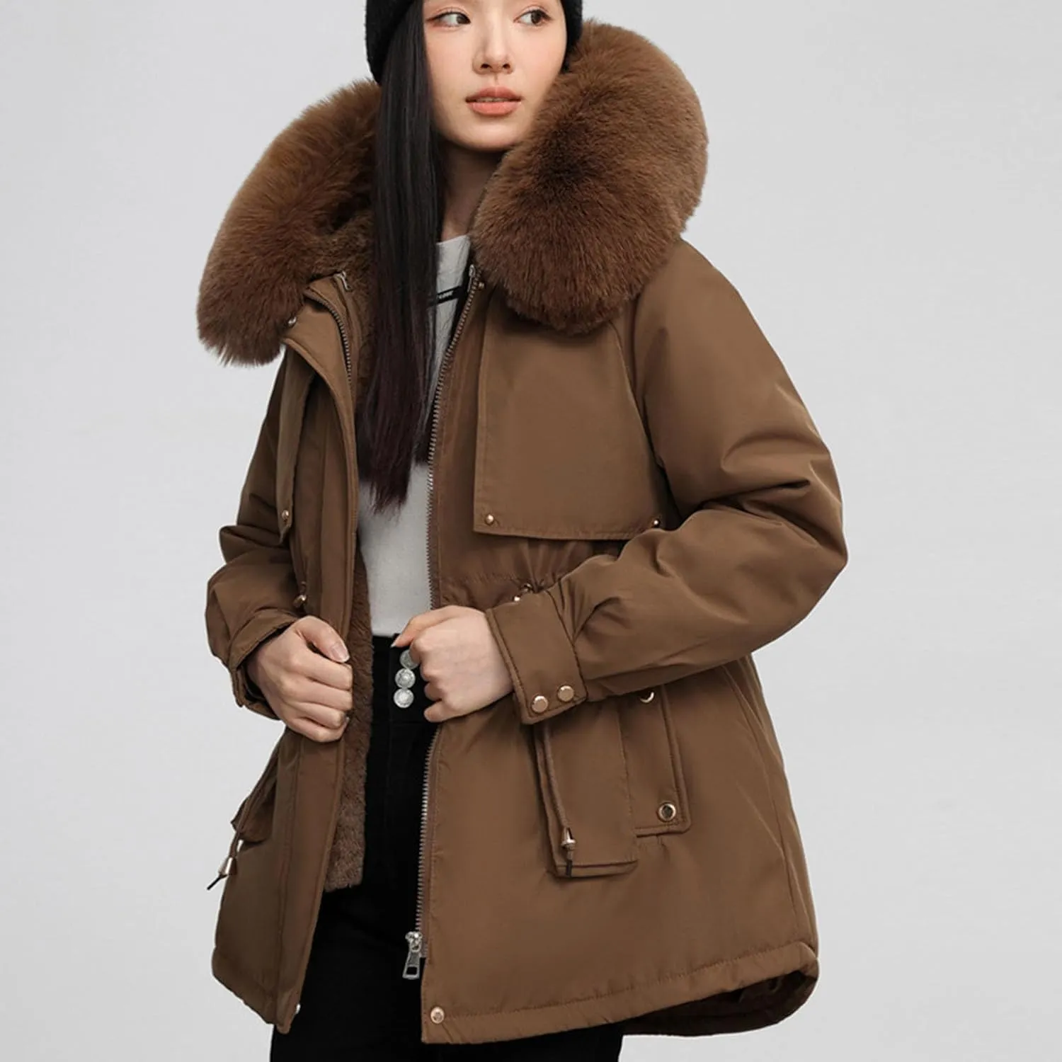 Borniu Women's Winter Puffer Coat Thicken Fleece Lined Down Jacket Faux Fur Hooded Parka Jacket 2024 Fashion Winter Clothes