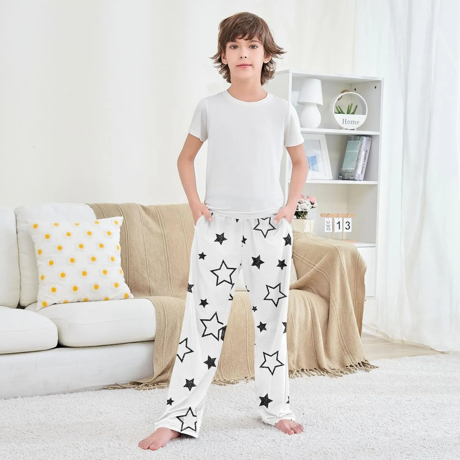 Boys' Pants Black Stars White Simple Long Bottoms Jogger Pants Elastic Waist Trousers with Pockets S-XL