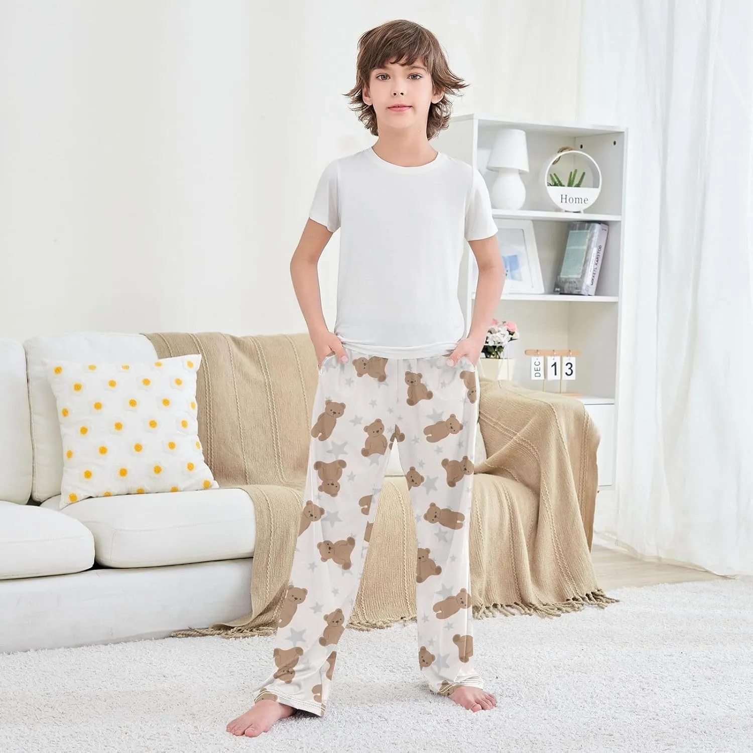 Boys' Pants Brown Cute Bear Grey Star Long Bottoms Jogger Pants Elastic Waist Trousers with Pockets S-XL