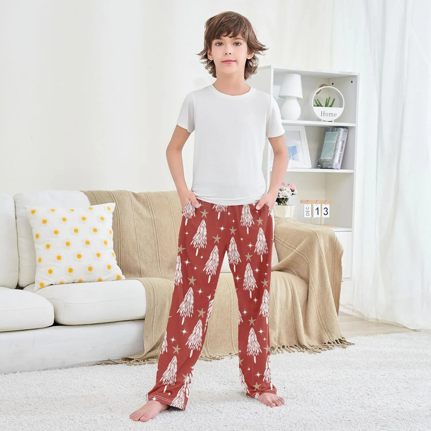 Boys' Pants Christmas White Trees Star Red Long Bottoms Jogger Pants Elastic Waist Trousers with Pockets S-XL