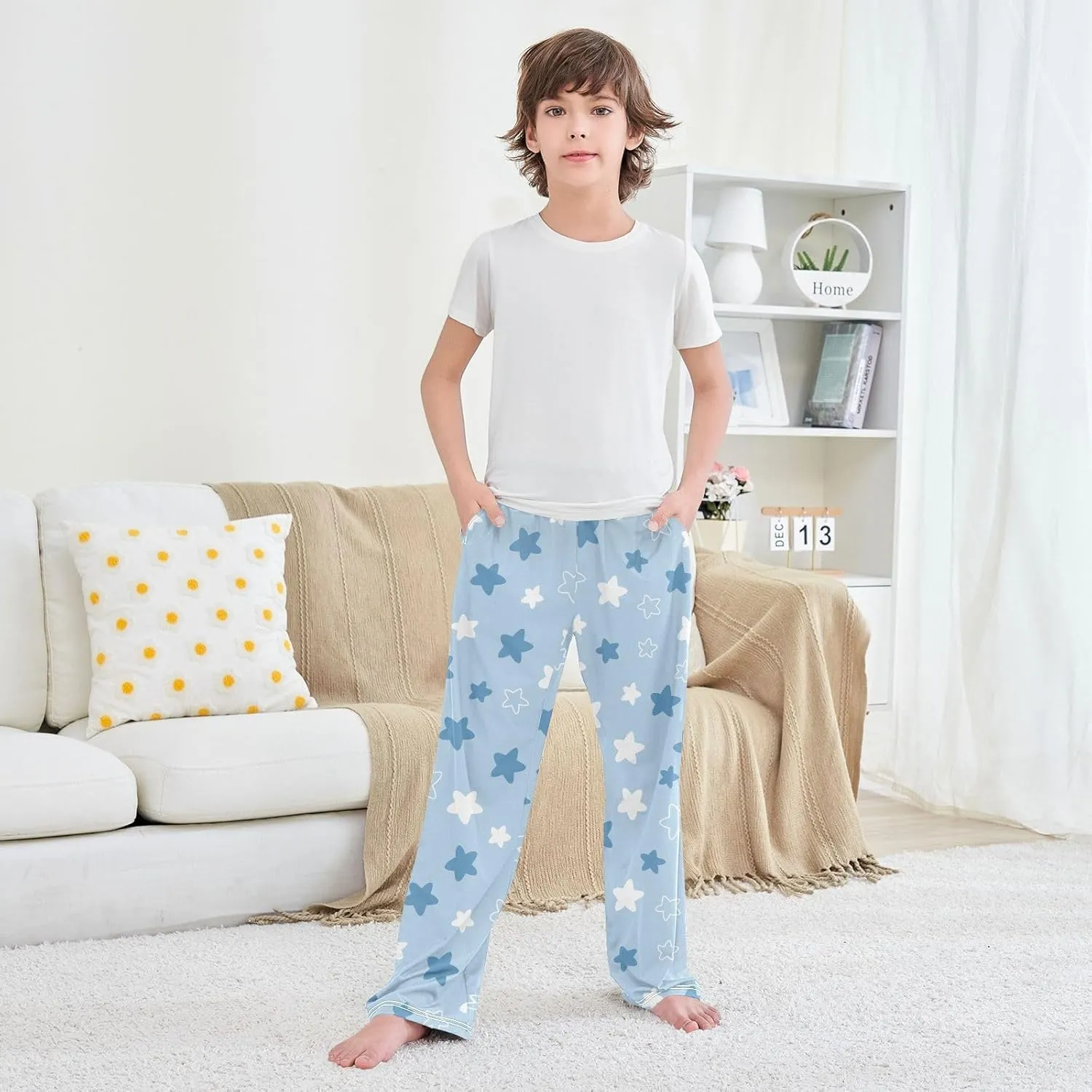 Boys' Pants Doodle Blue White Flat Stars Long Bottoms Jogger Pants Elastic Waist Trousers with Pockets S-XL