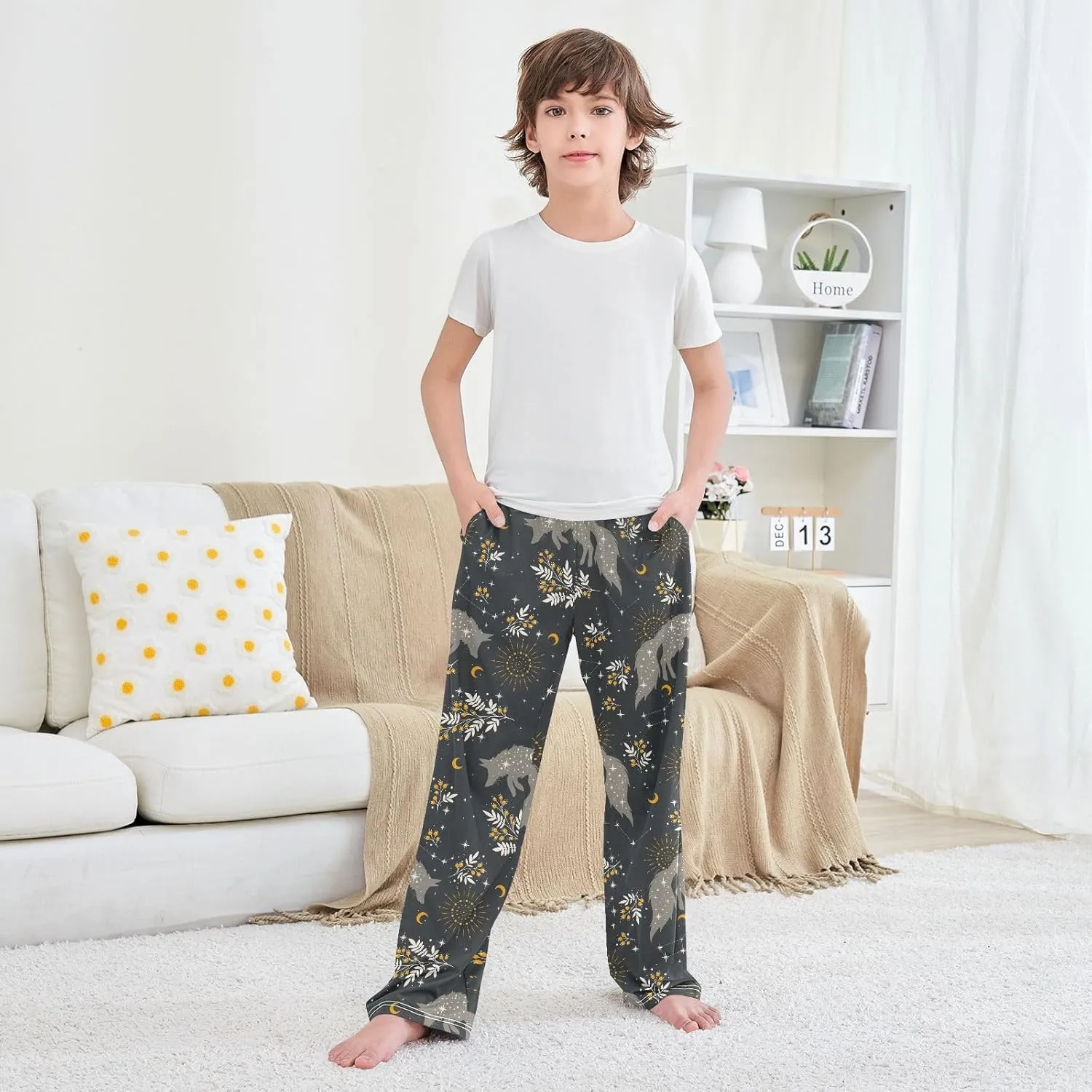 Boys' Pants Magical Fox Plants Stars Moons Long Bottoms Jogger Pants Elastic Waist Trousers with Pockets S-XL