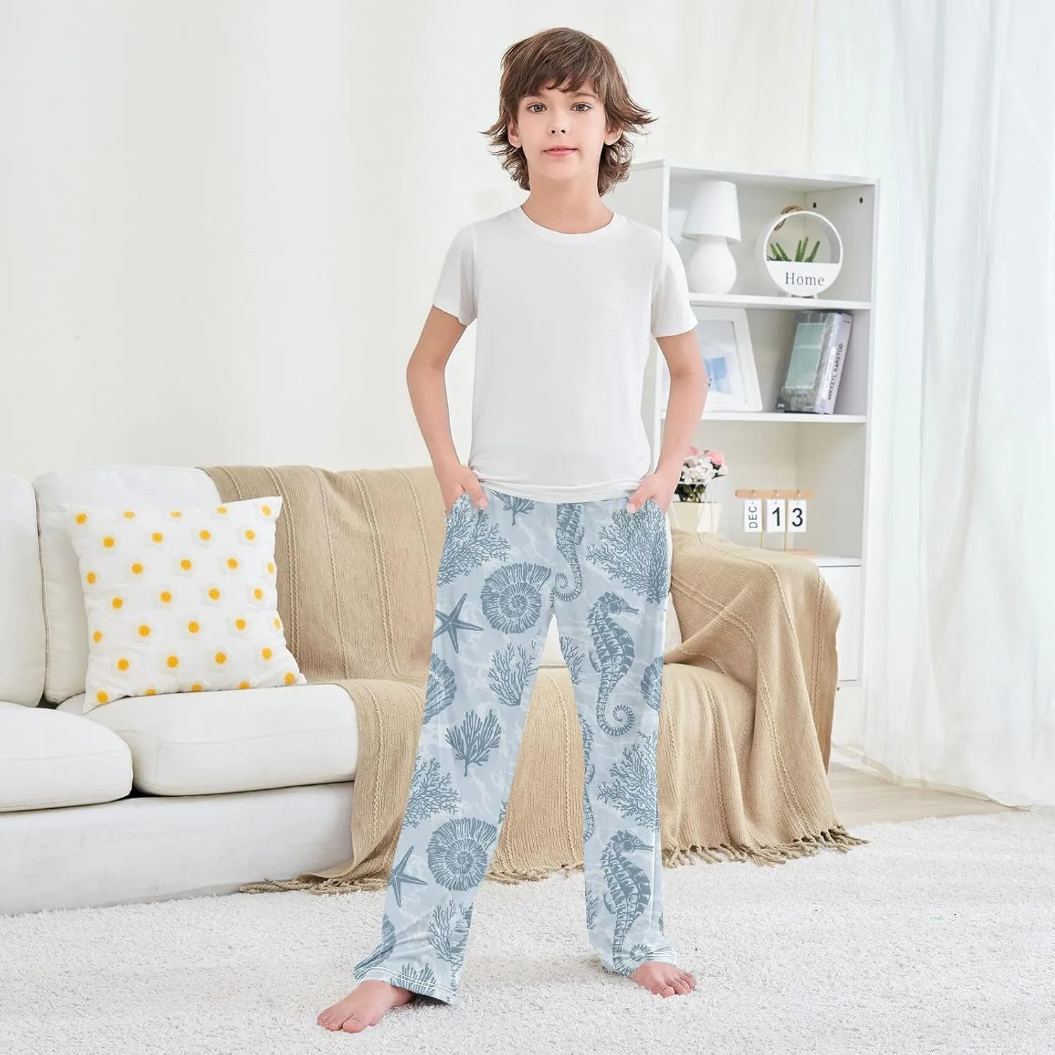 Boys' Pants Marine Stars Seahorse Coral Blue Long Bottoms Jogger Pants Elastic Waist Trousers with Pockets S-XL