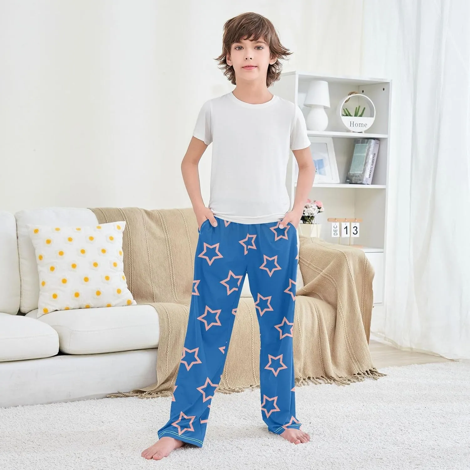 Boys' Pants Pink Outline Stars Blue Long Bottoms Jogger Pants Elastic Waist Trousers with Pockets S-XL