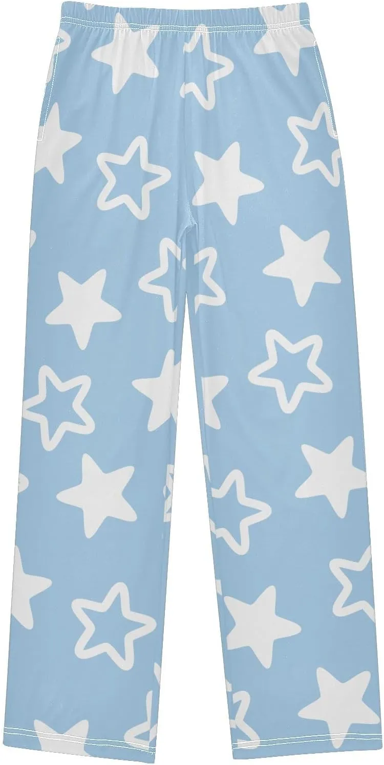 Boys' Pants White Stars Blue Long Bottoms Jogger Pants Elastic Waist Trousers with Pockets S-XL