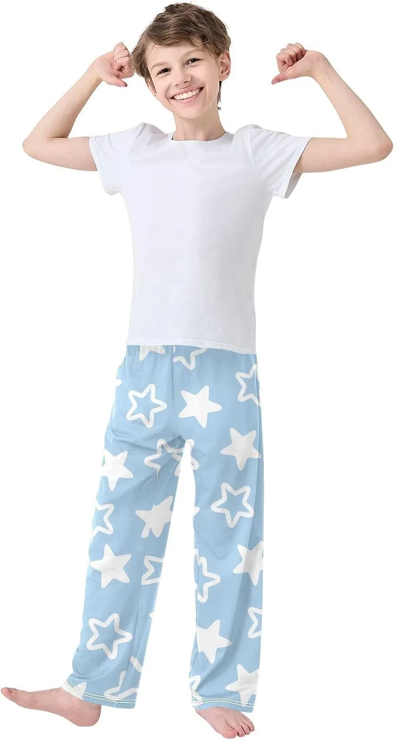 Boys' Pants White Stars Blue Long Bottoms Jogger Pants Elastic Waist Trousers with Pockets S-XL