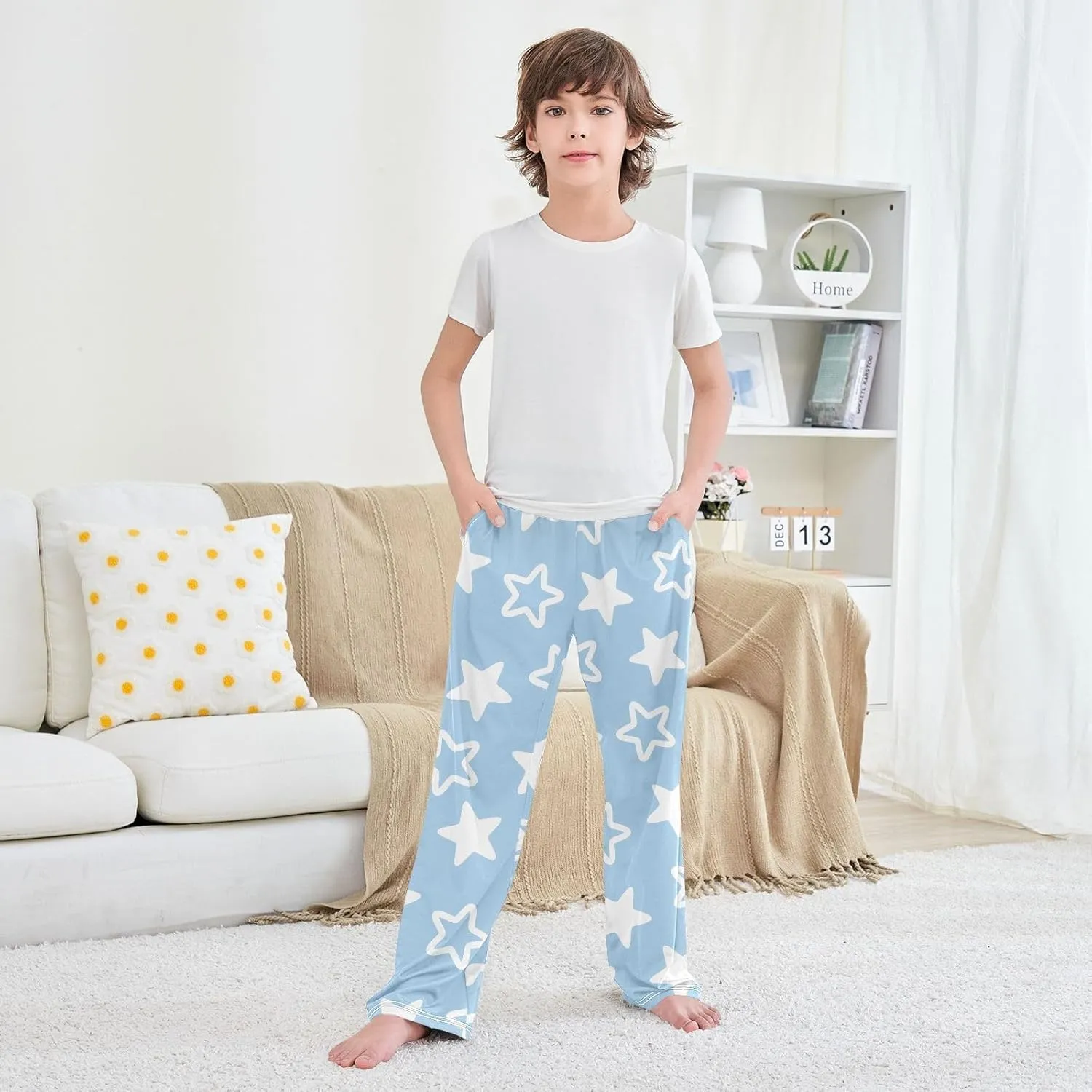 Boys' Pants White Stars Blue Long Bottoms Jogger Pants Elastic Waist Trousers with Pockets S-XL