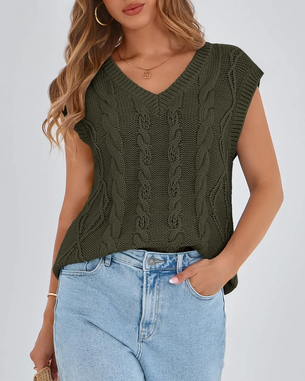 BTFBM Womens Oversized Sweater Vest 2025 Summer V Neck Casual Sleeveless Sweaters Loose Cable Knit Pullover Tops