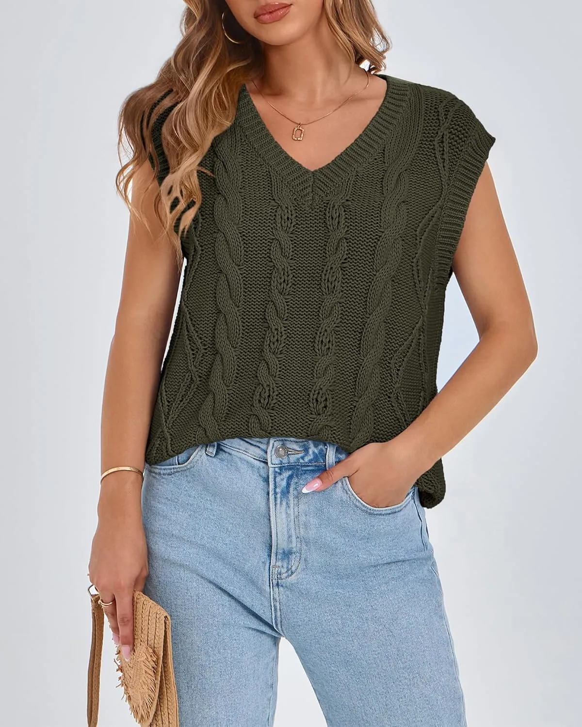 BTFBM Womens Oversized Sweater Vest 2025 Summer V Neck Casual Sleeveless Sweaters Loose Cable Knit Pullover Tops