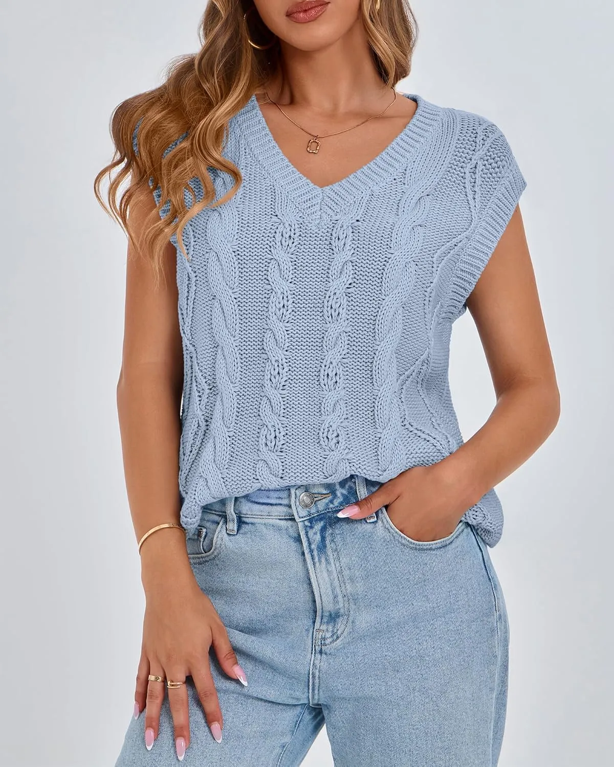 BTFBM Womens Oversized Sweater Vest 2025 Summer V Neck Casual Sleeveless Sweaters Loose Cable Knit Pullover Tops