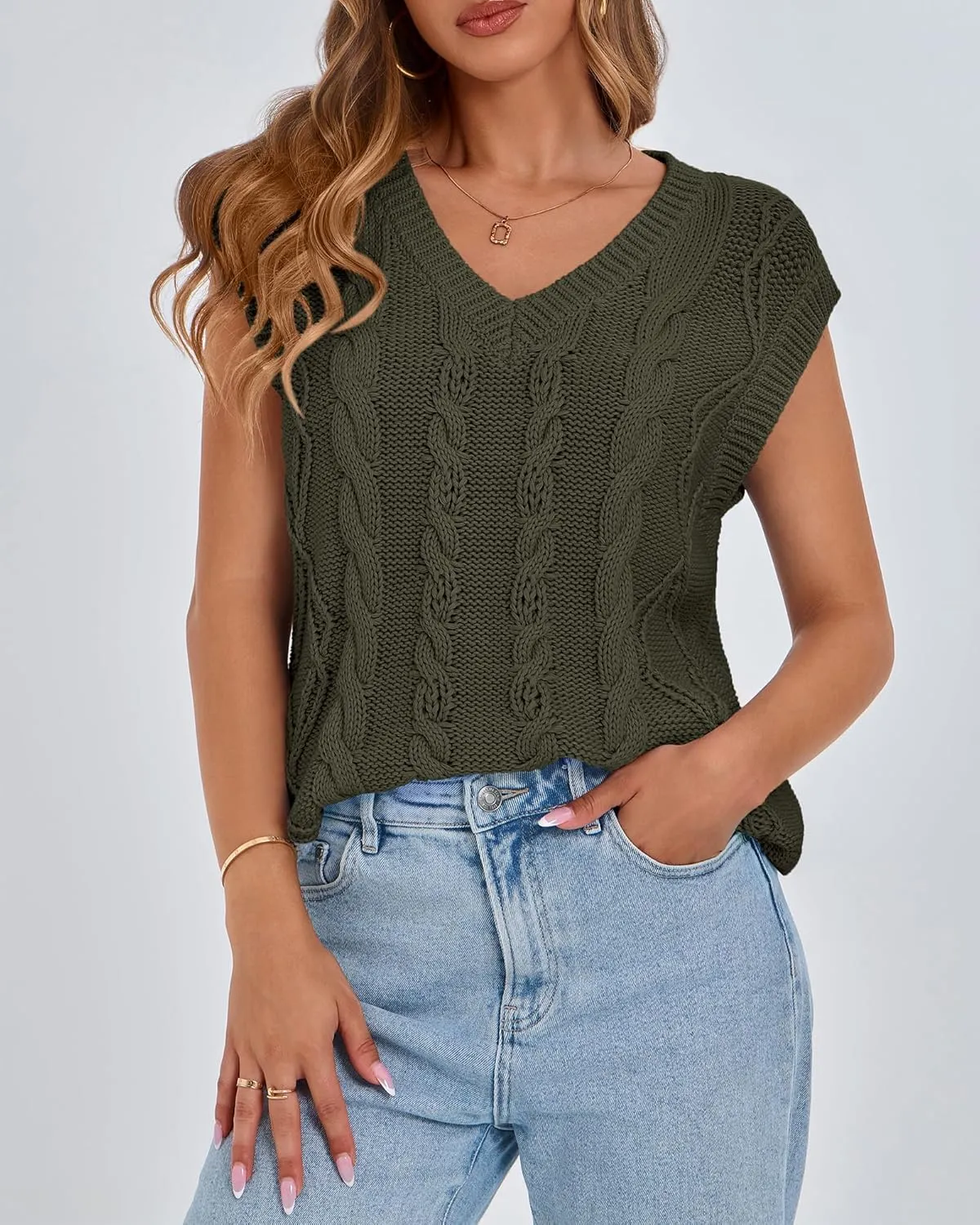 BTFBM Womens Oversized Sweater Vest 2025 Summer V Neck Casual Sleeveless Sweaters Loose Cable Knit Pullover Tops