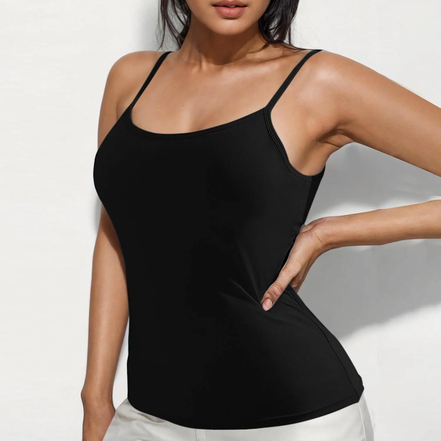 Built in Bra Tank Tops for Women Summer Casual Ribbed Knit Camisole Spaghetti Straps Sleeveless Padded Workout Tops