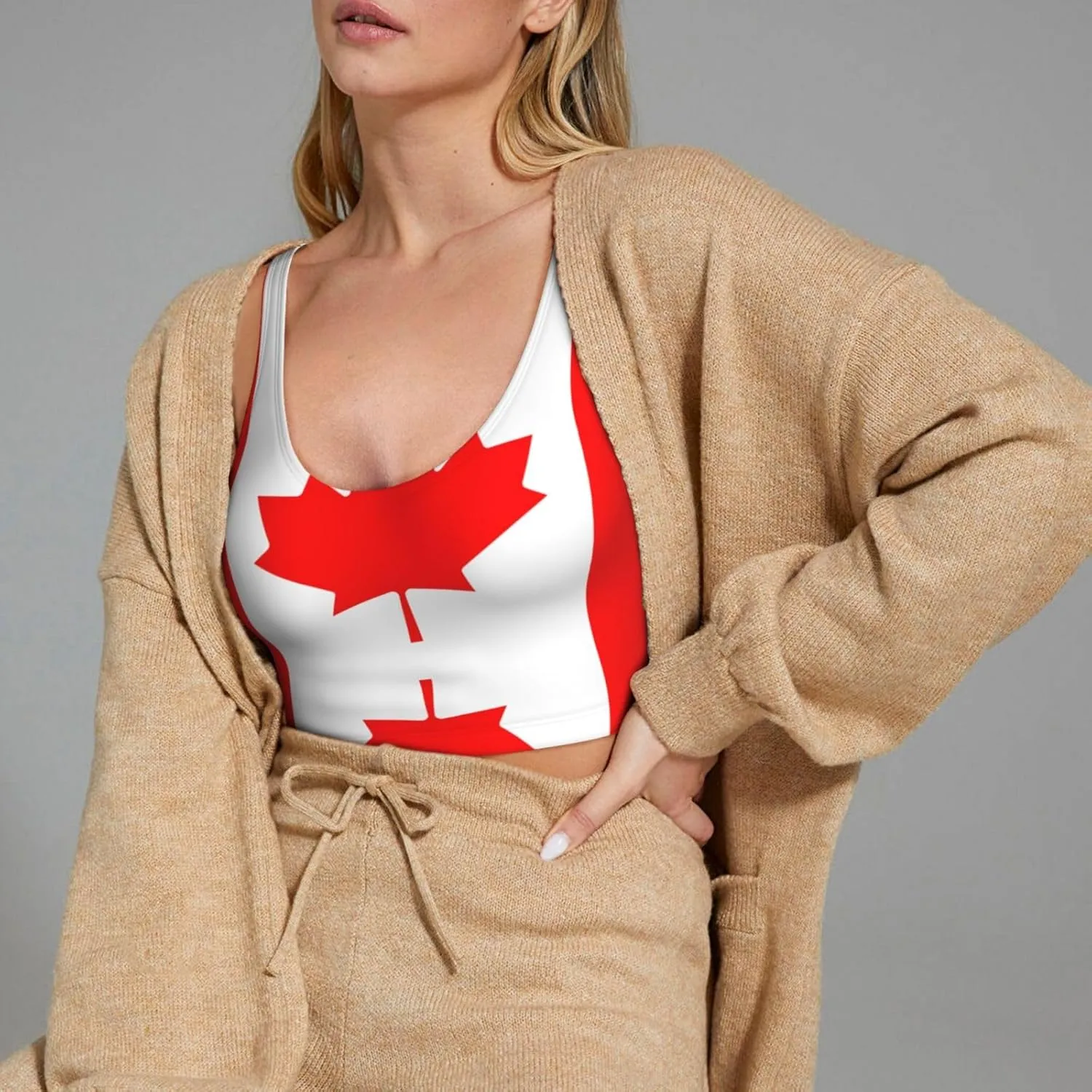 Canadian Flag Women's Sexy Sports Vest Sleeveless Athletic Gym T-Shirts Vest U-Shaped Back Quick Dry Top