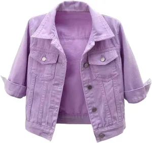 Canbebig Women's Jean Jackets 3/4Sleeve Lapel Denim Jackets Crop Button Down Jean Jackets Trucker Jean Jackets with Pockets