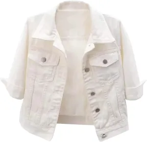 Canbebig Women's Jean Jackets 3/4Sleeve Lapel Denim Jackets Crop Button Down Jean Jackets Trucker Jean Jackets with Pockets