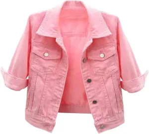 Canbebig Women's Jean Jackets 3/4Sleeve Lapel Denim Jackets Crop Button Down Jean Jackets Trucker Jean Jackets with Pockets