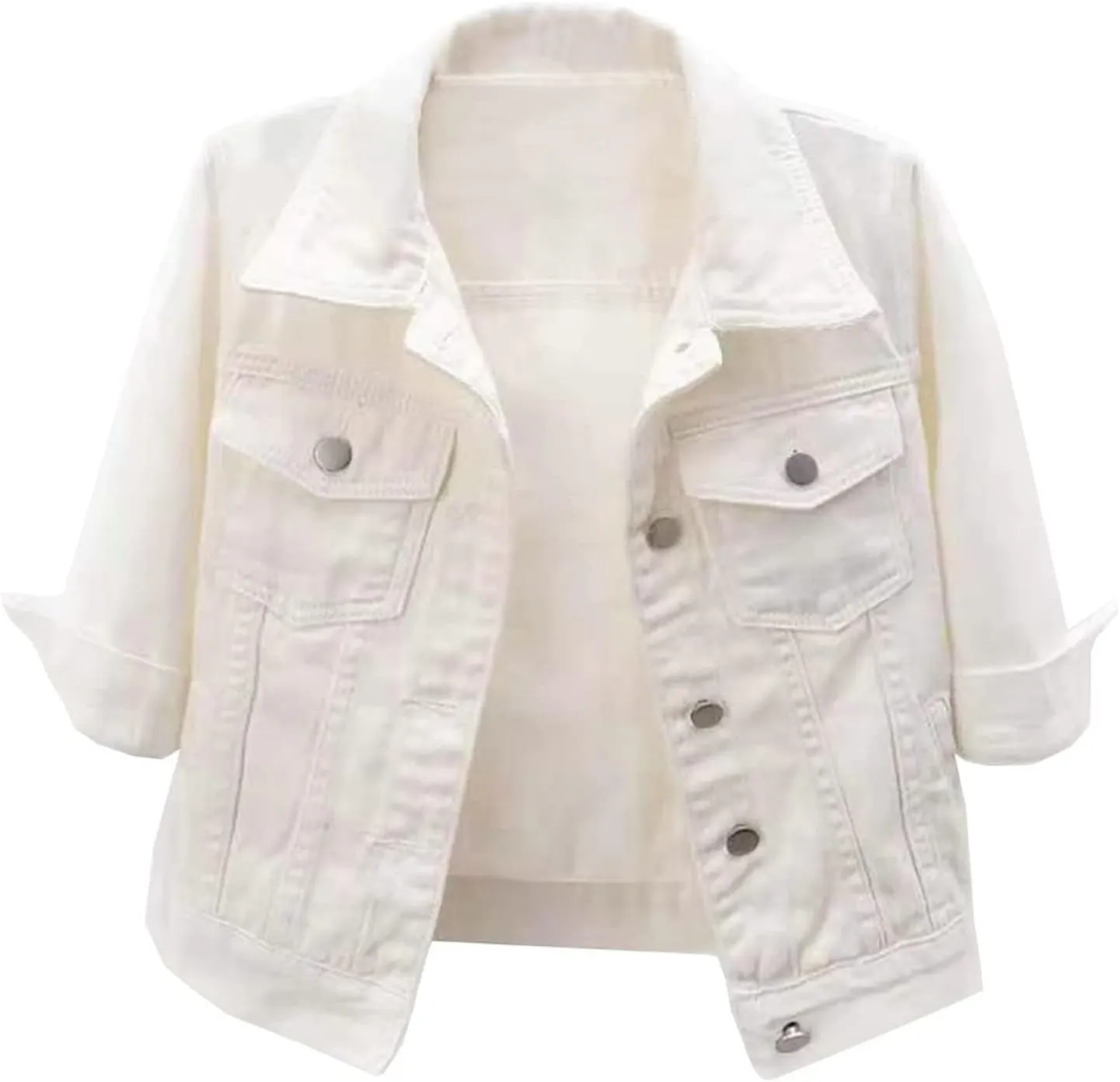 Canbebig Women's Jean Jackets 3/4Sleeve Lapel Denim Jackets Crop Button Down Jean Jackets Trucker Jean Jackets with Pockets