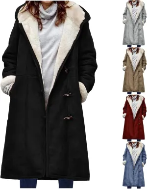 Canbebig Womens Long Sherpa Lined Suede Leather Hooded Coat Horn Button Jacket Winter Warm Longline Parka Outwear with Pocket
