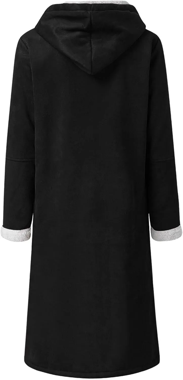 Canbebig Womens Long Sherpa Lined Suede Leather Hooded Coat Horn Button Jacket Winter Warm Longline Parka Outwear with Pocket