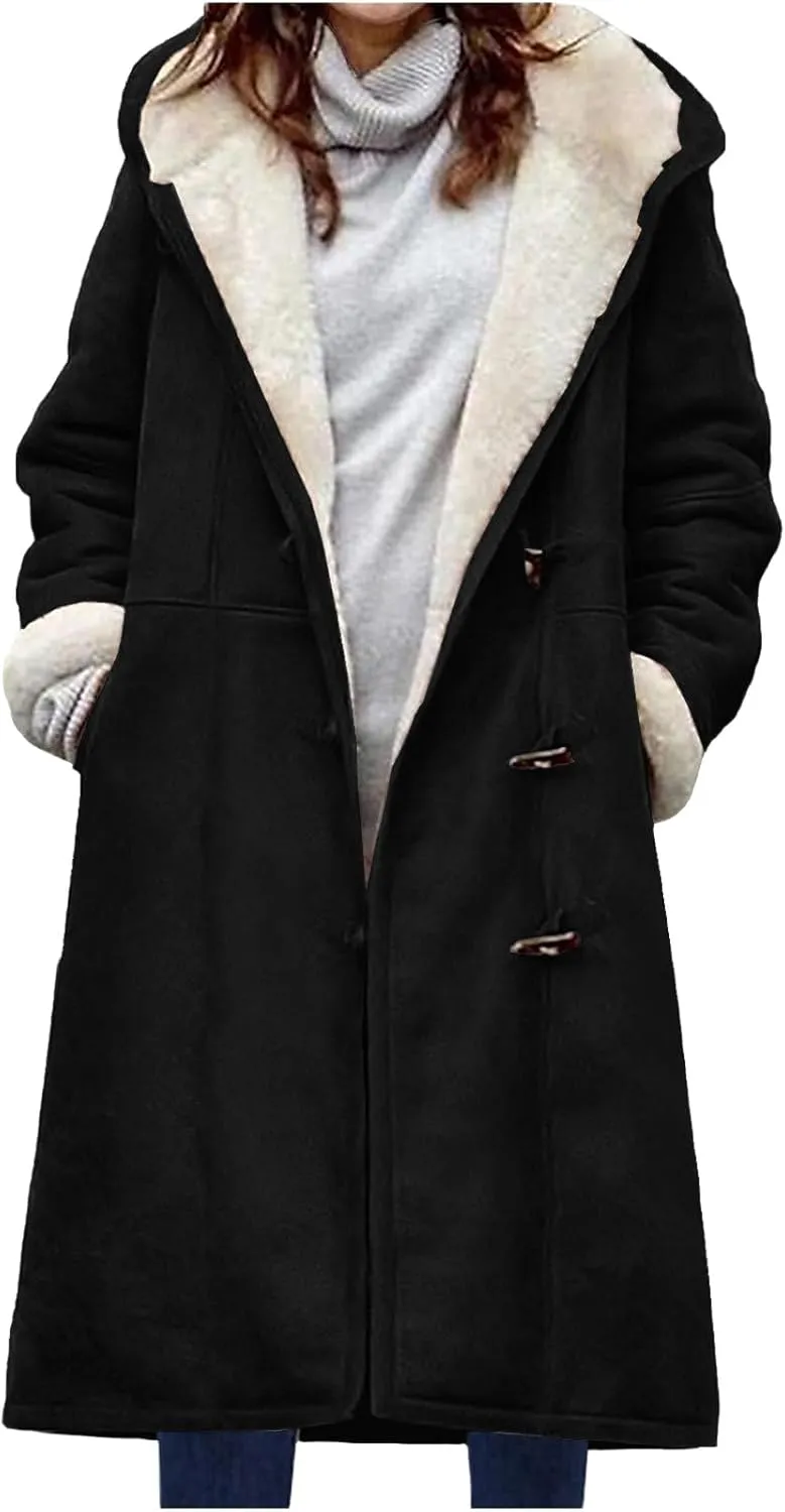 Canbebig Womens Long Sherpa Lined Suede Leather Hooded Coat Horn Button Jacket Winter Warm Longline Parka Outwear with Pocket