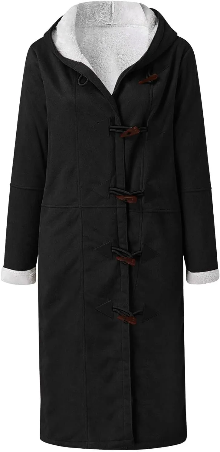 Canbebig Womens Long Sherpa Lined Suede Leather Hooded Coat Horn Button Jacket Winter Warm Longline Parka Outwear with Pocket