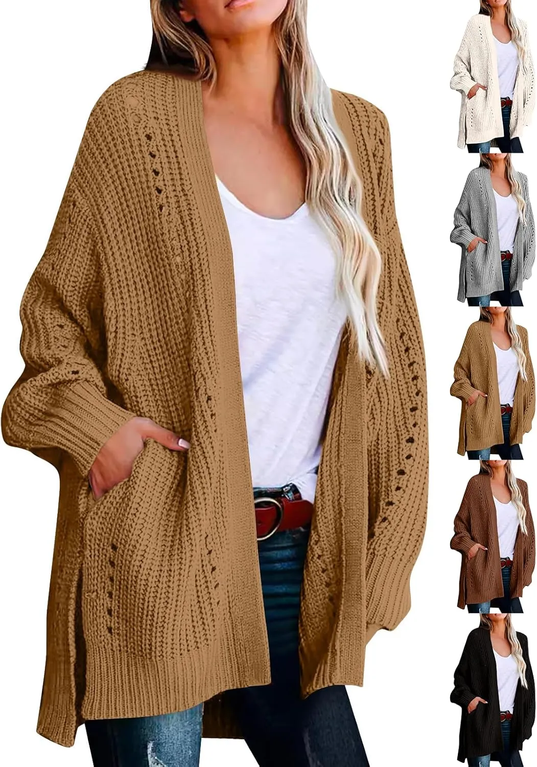 Cardigan Sweaters for Women Cable Knit Open Front Cardigan Long Sleeve Batwing Sweaters with Pockets Side Slit Sweaters