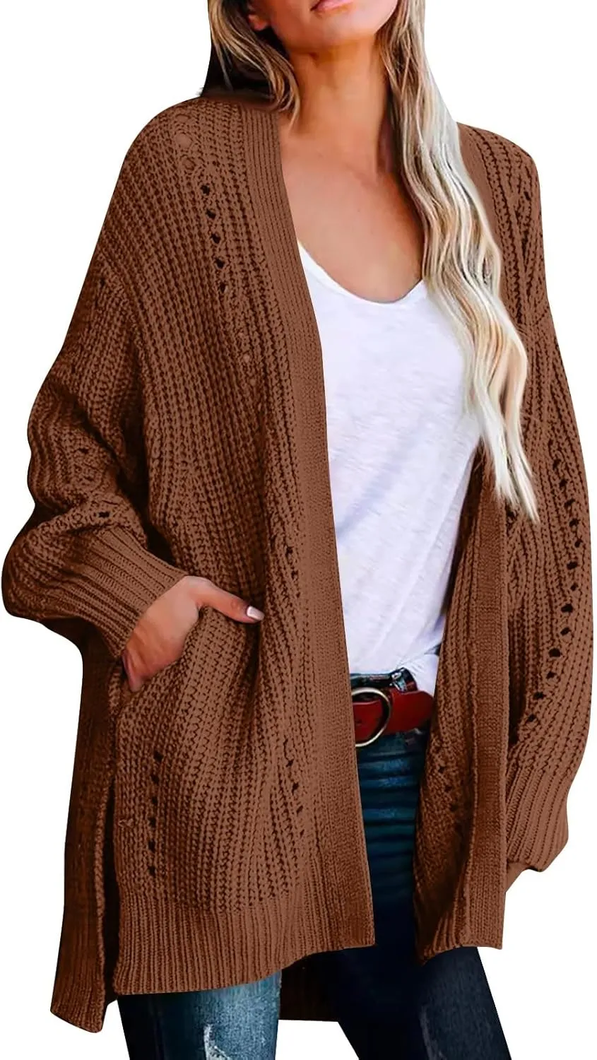 Cardigan Sweaters for Women Cable Knit Open Front Cardigan Long Sleeve Batwing Sweaters with Pockets Side Slit Sweaters