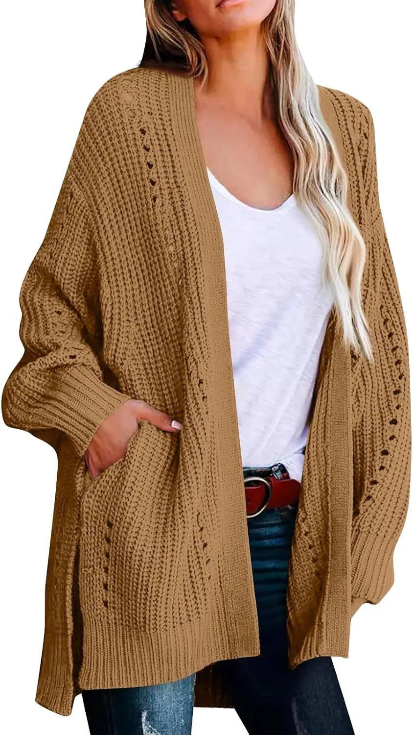 Cardigan Sweaters for Women Cable Knit Open Front Cardigan Long Sleeve Batwing Sweaters with Pockets Side Slit Sweaters