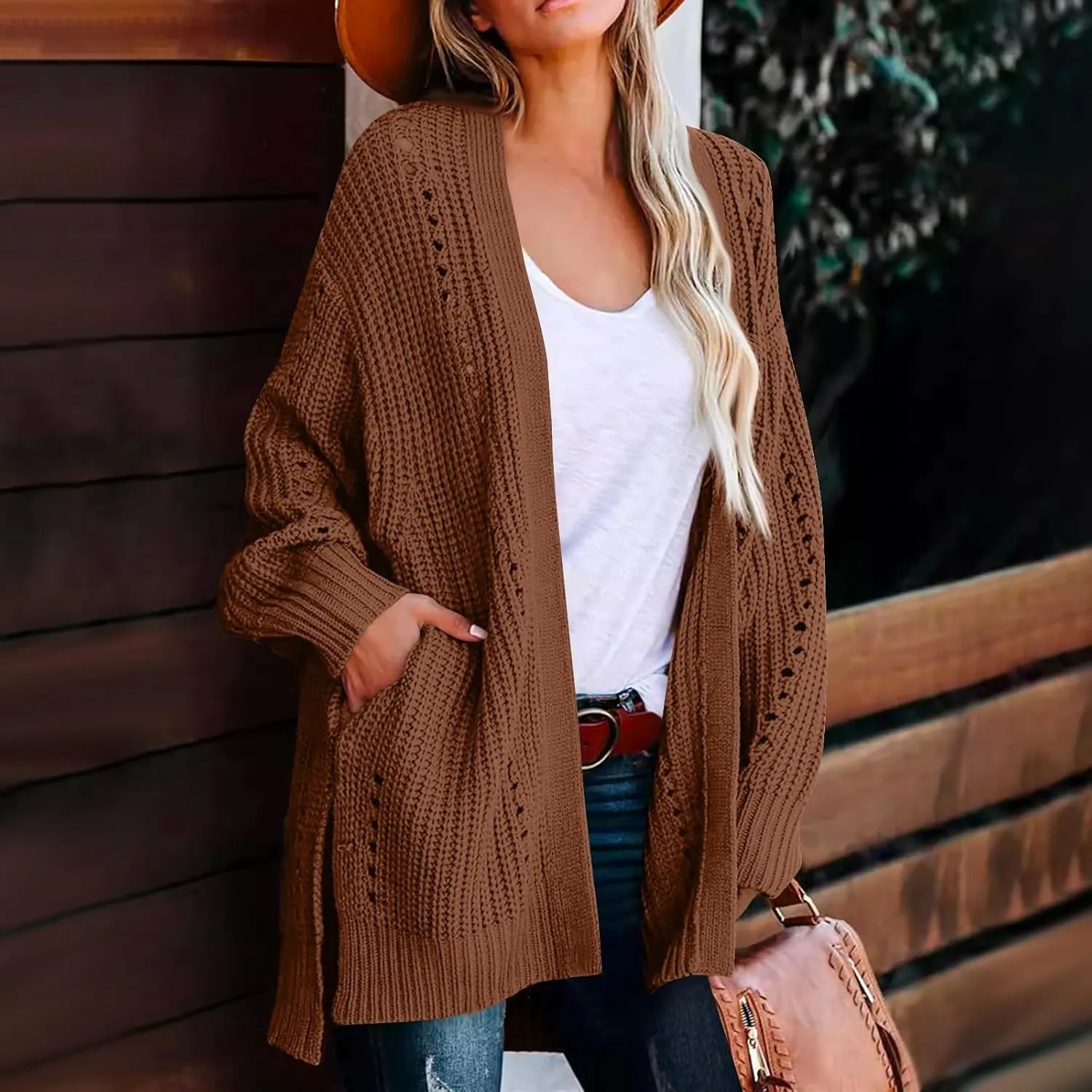 Cardigan Sweaters for Women Cable Knit Open Front Cardigan Long Sleeve Batwing Sweaters with Pockets Side Slit Sweaters