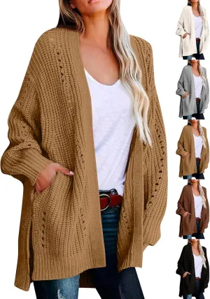 Cardigan Sweaters for Women Cable Knit Open Front Cardigan Long Sleeve Batwing Sweaters with Pockets Side Slit Sweaters