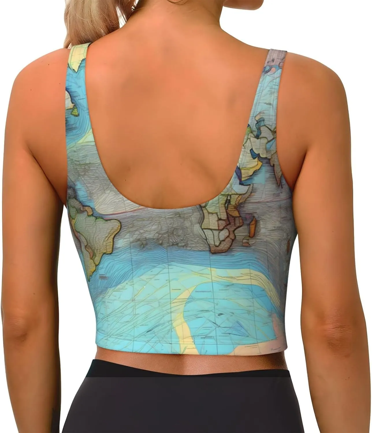 Cartoon World Map Women's Sexy Sports Vest Sleeveless Athletic Gym T-Shirts Vest U-Shaped Back Quick Dry Top