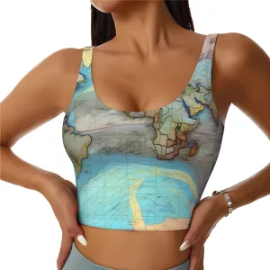 Cartoon World Map Women's Sexy Sports Vest Sleeveless Athletic Gym T-Shirts Vest U-Shaped Back Quick Dry Top