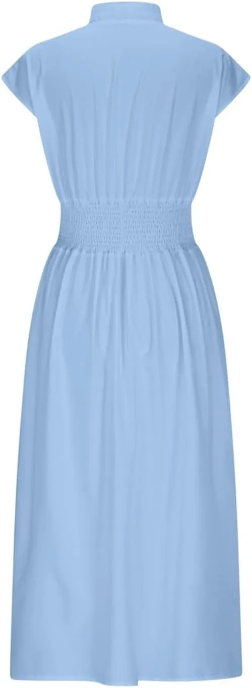 Casual Dresses for Women 2025 Summer Beach Sundress Cap Sleeve V Neck Zip Front Flowy Slit Midi Dress with Pocket