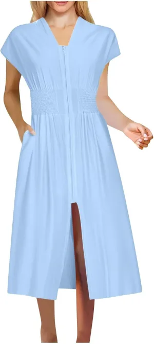 Casual Dresses for Women 2025 Summer Beach Sundress Cap Sleeve V Neck Zip Front Flowy Slit Midi Dress with Pocket