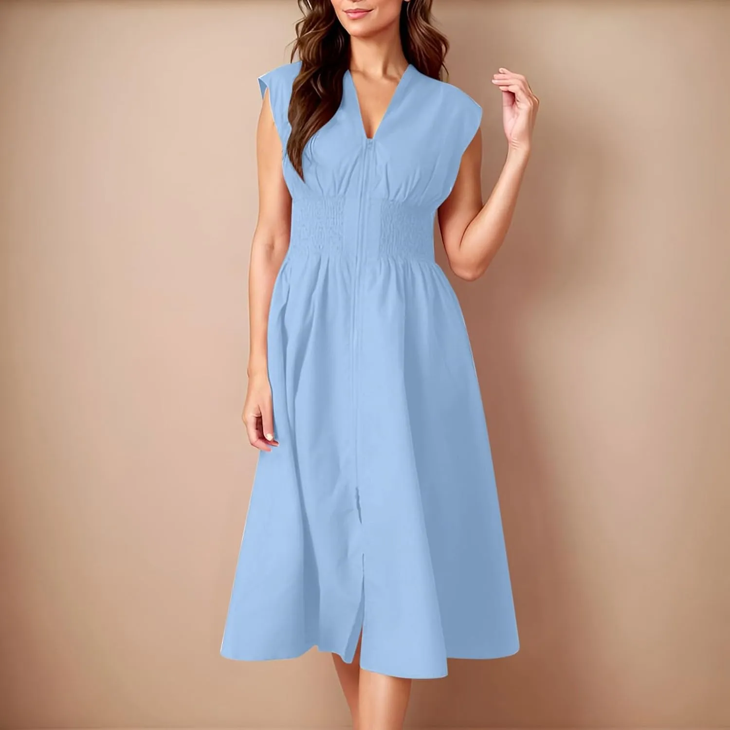 Casual Dresses for Women 2025 Summer Beach Sundress Cap Sleeve V Neck Zip Front Flowy Slit Midi Dress with Pocket