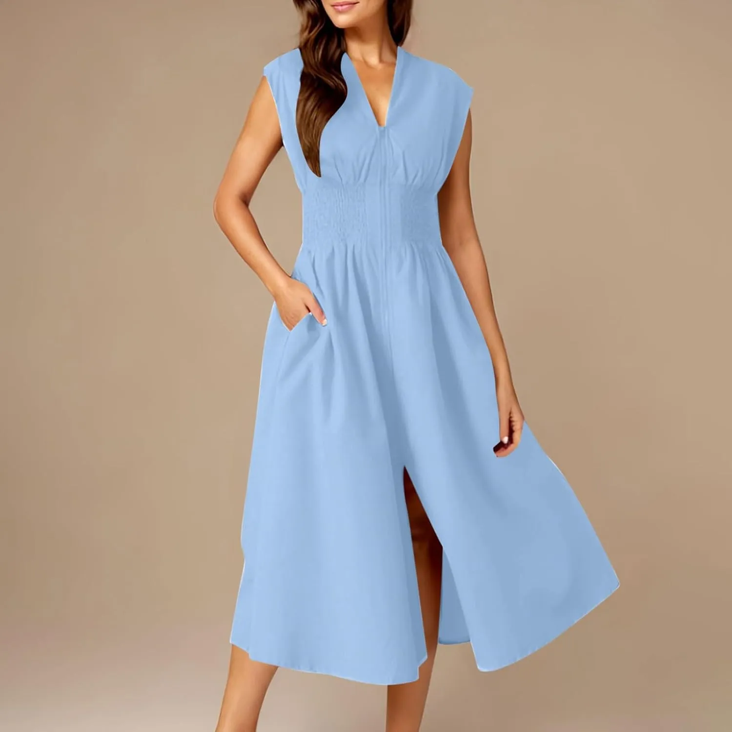 Casual Dresses for Women 2025 Summer Beach Sundress Cap Sleeve V Neck Zip Front Flowy Slit Midi Dress with Pocket