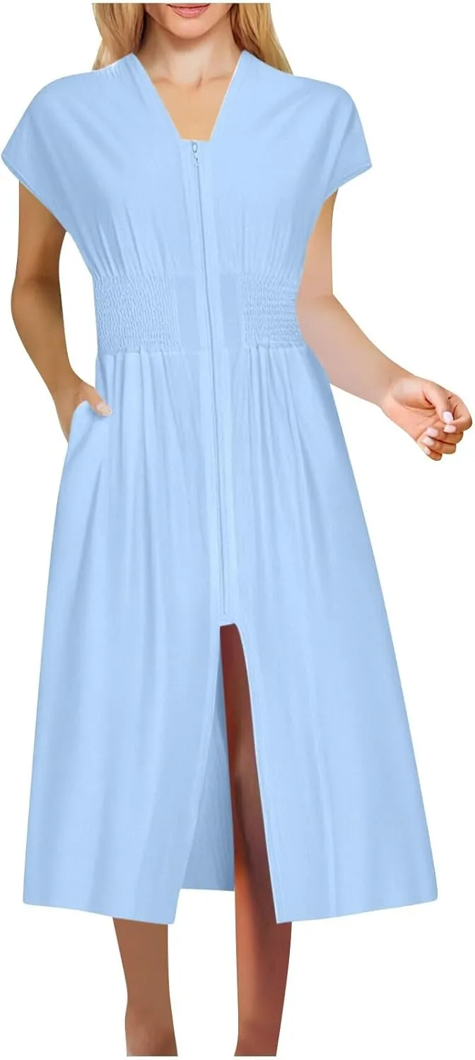 Casual Dresses for Women 2025 Summer Beach Sundress Cap Sleeve V Neck Zip Front Flowy Slit Midi Dress with Pocket