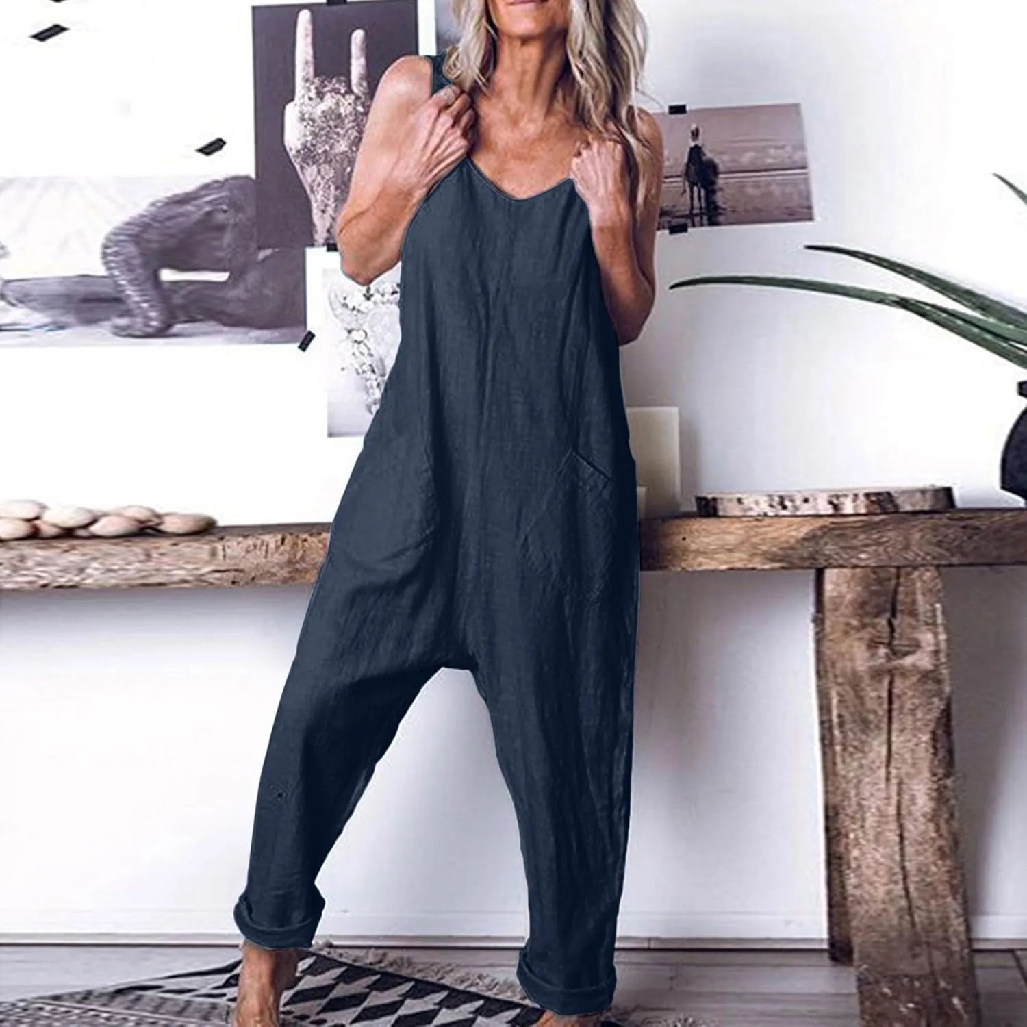 Casual Dressy Jumpsuits for Women 2024 Cotton Linen Sleeveless Summer Beach Romper Overalls With Pockets Clothes 2024